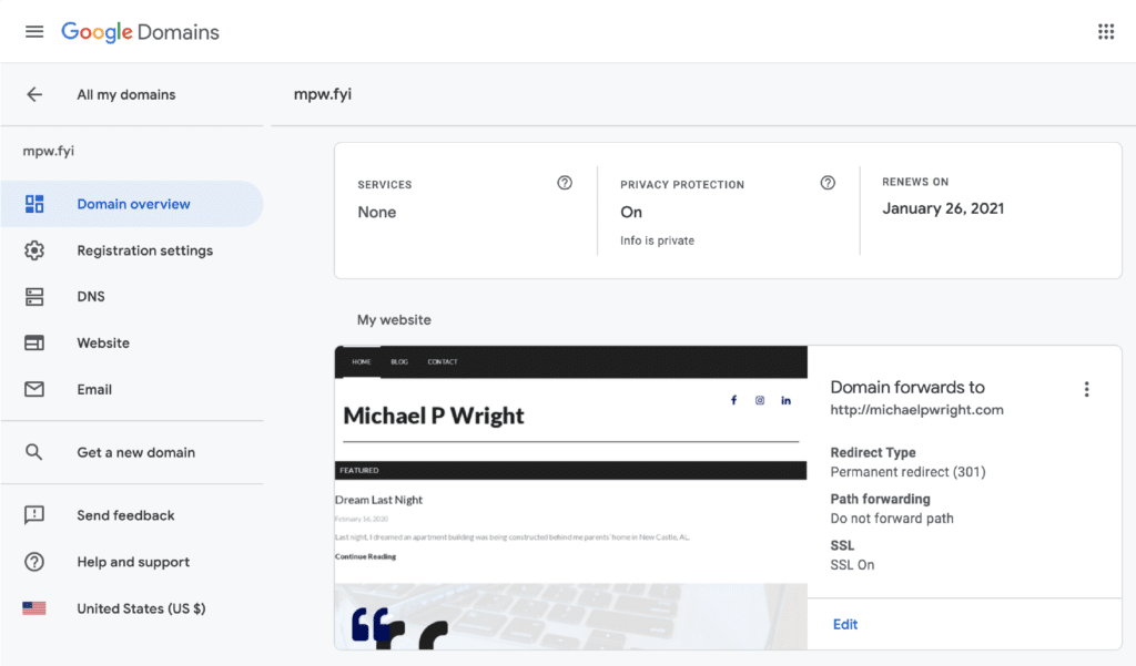 mpw.fyi forwarding to michaelpwright.com. Google Domains screen shot. http 301